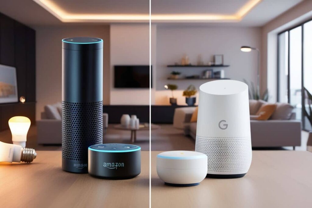 Uma imagem comparativa de ambos os dispositivos (Amazon Echo e Google Home) em um ambiente doméstico moderno, com uma estética convidativa