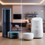 Uma imagem comparativa de ambos os dispositivos (Amazon Echo e Google Home) em um ambiente doméstico moderno, com uma estética convidativa