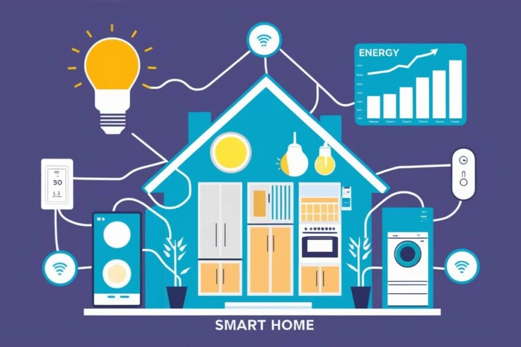 Uma ilustração de uma casa inteligente com dispositivos conectados, como lâmpadas, termostatos e eletrodomésticos, interligados por linhas que representam a Internet das Coisas (IoT).