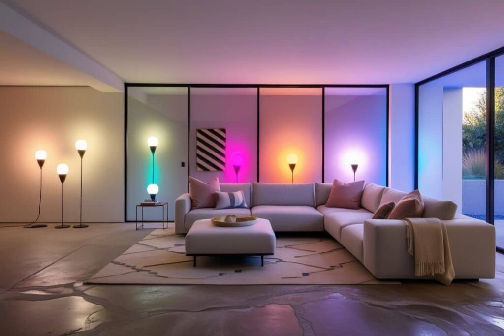 Uma imagem elegante de uma sala de estar moderna com lâmpadas inteligentes em destaque, mostrando diferentes cores e intensidades de luz, que transmita a ideia de conforto e personalização.