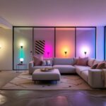 Uma imagem elegante de uma sala de estar moderna com lâmpadas inteligentes em destaque, mostrando diferentes cores e intensidades de luz, que transmita a ideia de conforto e personalização.