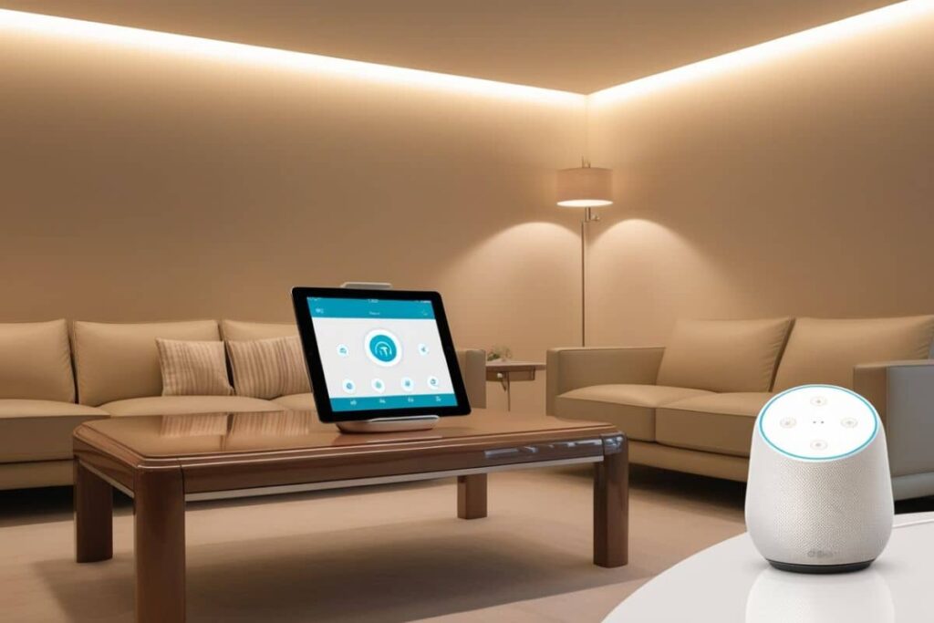 Uma sala de estar moderna, com iluminação inteligente em tons suaves, uma mesa com um tablet exibindo um painel de controle de automação e uma assistente virtual como Alexa ou Google Nest no canto.