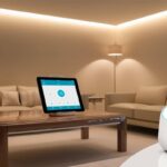 Uma sala de estar moderna, com iluminação inteligente em tons suaves, uma mesa com um tablet exibindo um painel de controle de automação e uma assistente virtual como Alexa ou Google Nest no canto.