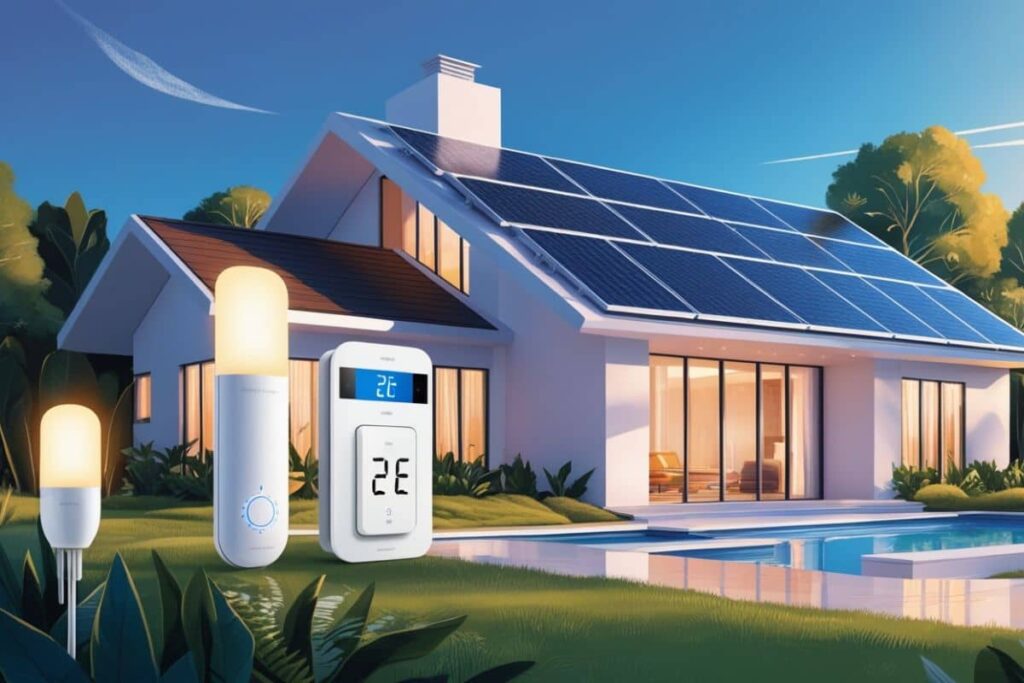 Uma imagem ilustrativa de uma casa moderna com dispositivos de automação visíveis, como lâmpadas inteligentes, termostatos e painéis solares, em um ambiente bem iluminado e sustentável.