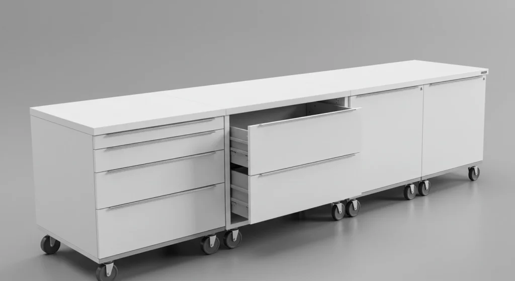 Armários modulares e gaveteiros sobre rodízios
