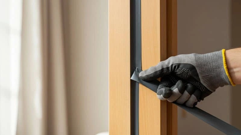 Aplicação de veda-ruído em janela para melhorar o isolamento térmico.
