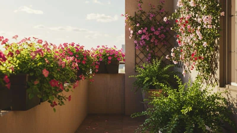 Varanda decorada com plantas que ajudam no conforto térmico interno.