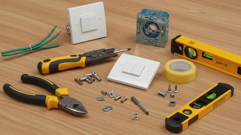 Ferramentas sobre mesa antes de instalação de interruptor inteligente