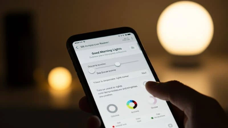 Tela do app Alexa mostrando rotina configurada para luzes