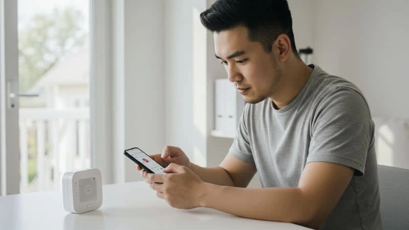 Pessoa configurando dispositivo de automação residencial pelo aplicativo móvel