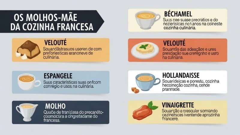 Infográfico ilustrando os cinco molhos-mãe da cozinha francesa