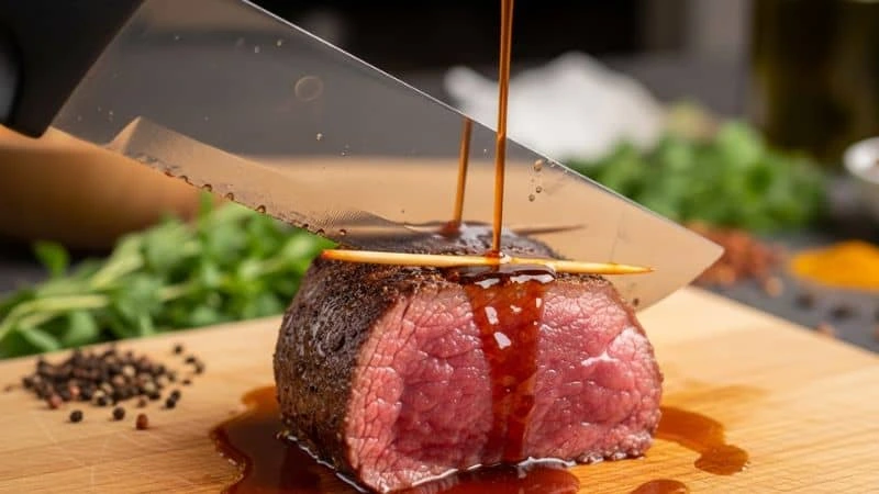 Faca cortando um bife ao ponto, pincelado com demi-glace brilhante