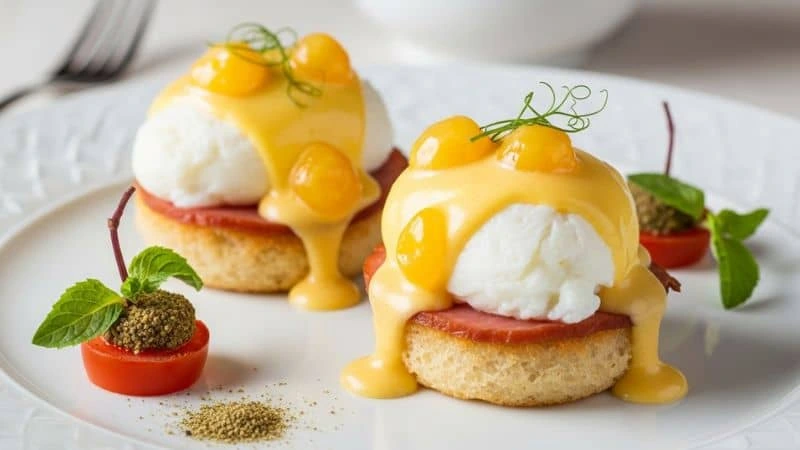Dois ovos Benedict cobertos por molho holandês amarelo e cremoso
