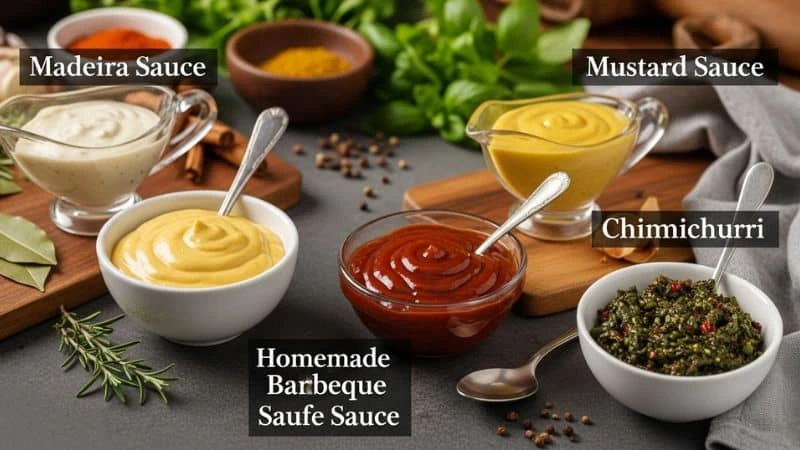 mesa com ervas e molhos para carnes