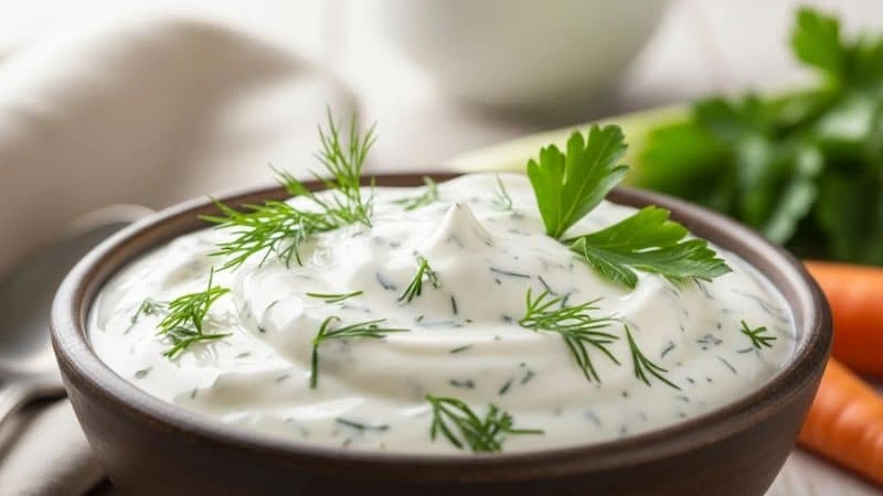 Bowl branco com molho de iogurte e ervas picadas.