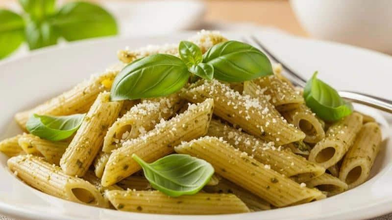 Prato de penne ao molho pesto com folhas de manjericão