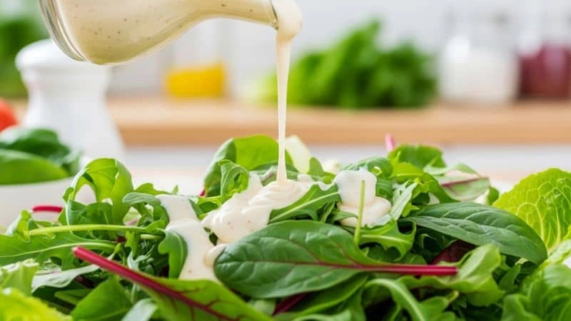 Molho de salada sendo derramado sobre mix de folhas verdes