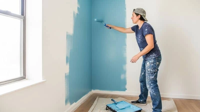 pessoa pintando parede com rolo e tinta para cobrir cor forte.