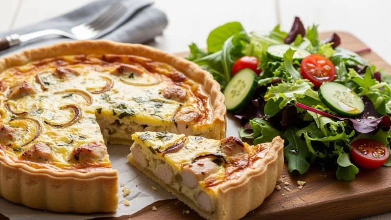 Quiche de frango servida com salada
