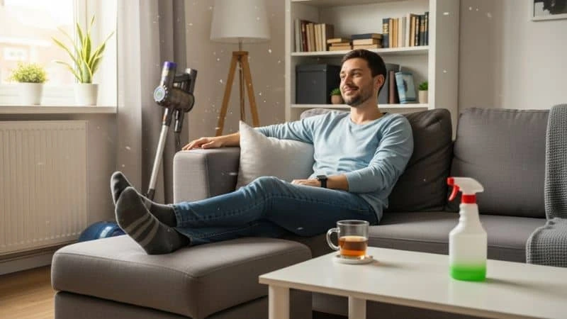 Pessoa feliz aproveitando tempo livre após organizar as tarefas domésticas